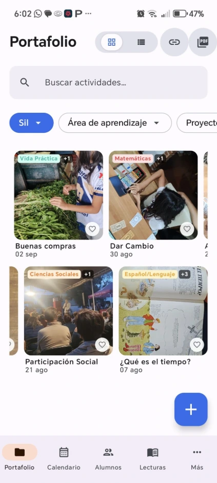 Portafolio de actividades en la app EVIAP